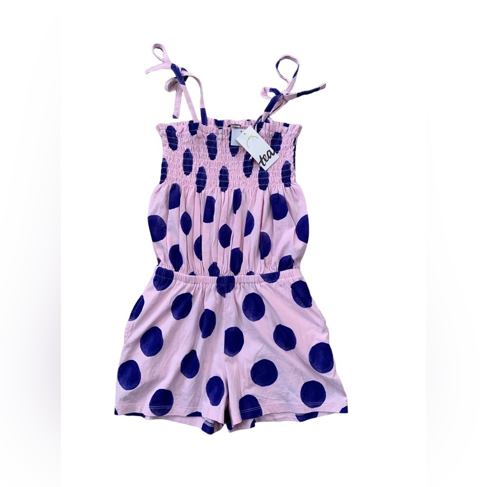 Tea Collection NWT Size 8 Tie Shoulder Smocked Romper in Pink Big Mambo Dot